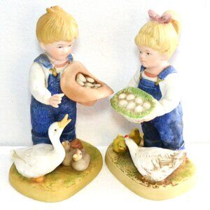 Pair Of Vintage Homco " Denim Days " Boy And Girl Gathering Eggs Figurines